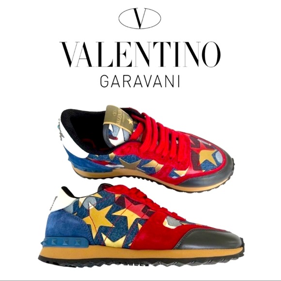 Valentino Garavani Other - EUC Men Size 9 Valentino Garavani Rockrunner Camo & Star Denim Crystal Sneakers